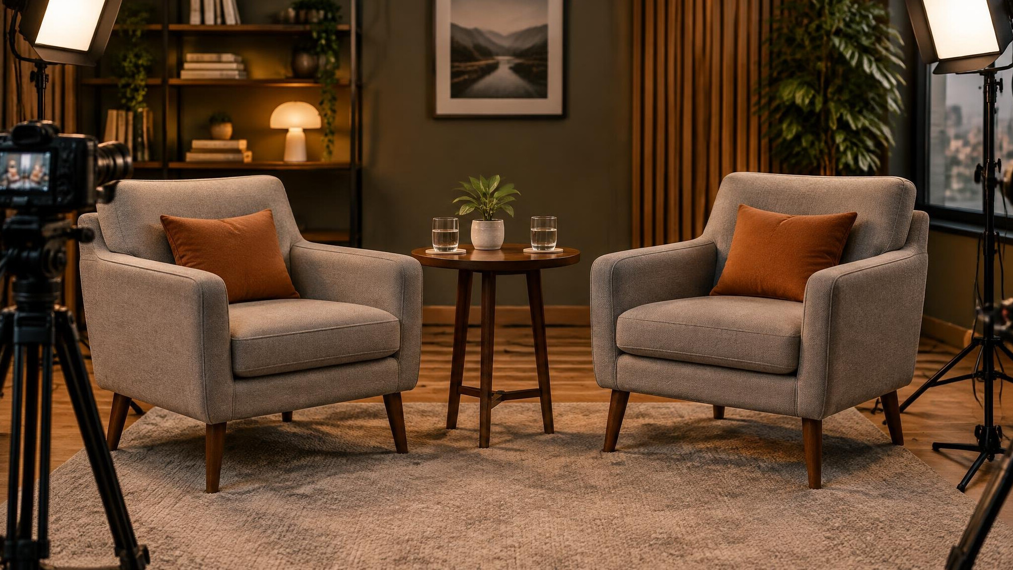 Two armchairs and a side table arranged for a recorded interview