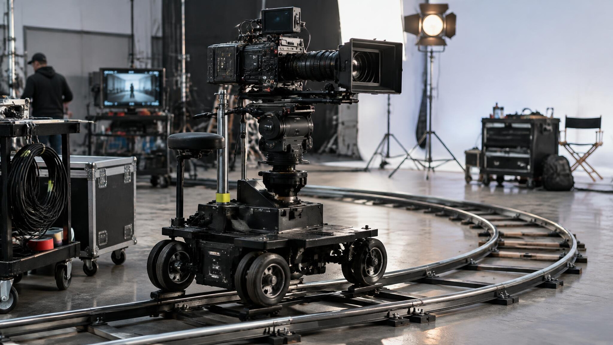 Camera mounted on a dolly track in a studio