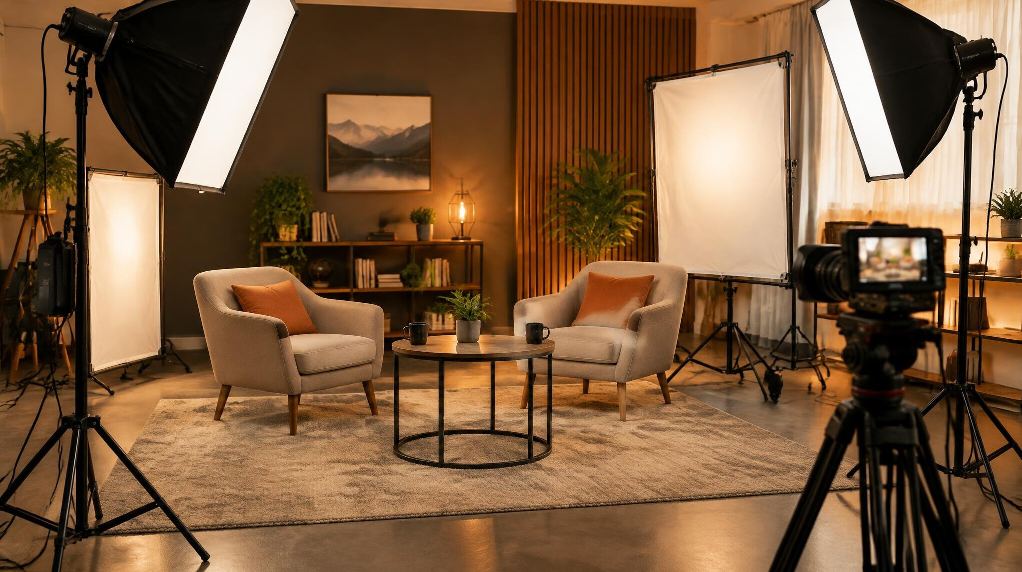 Softbox lighting equipment set up in a video studio