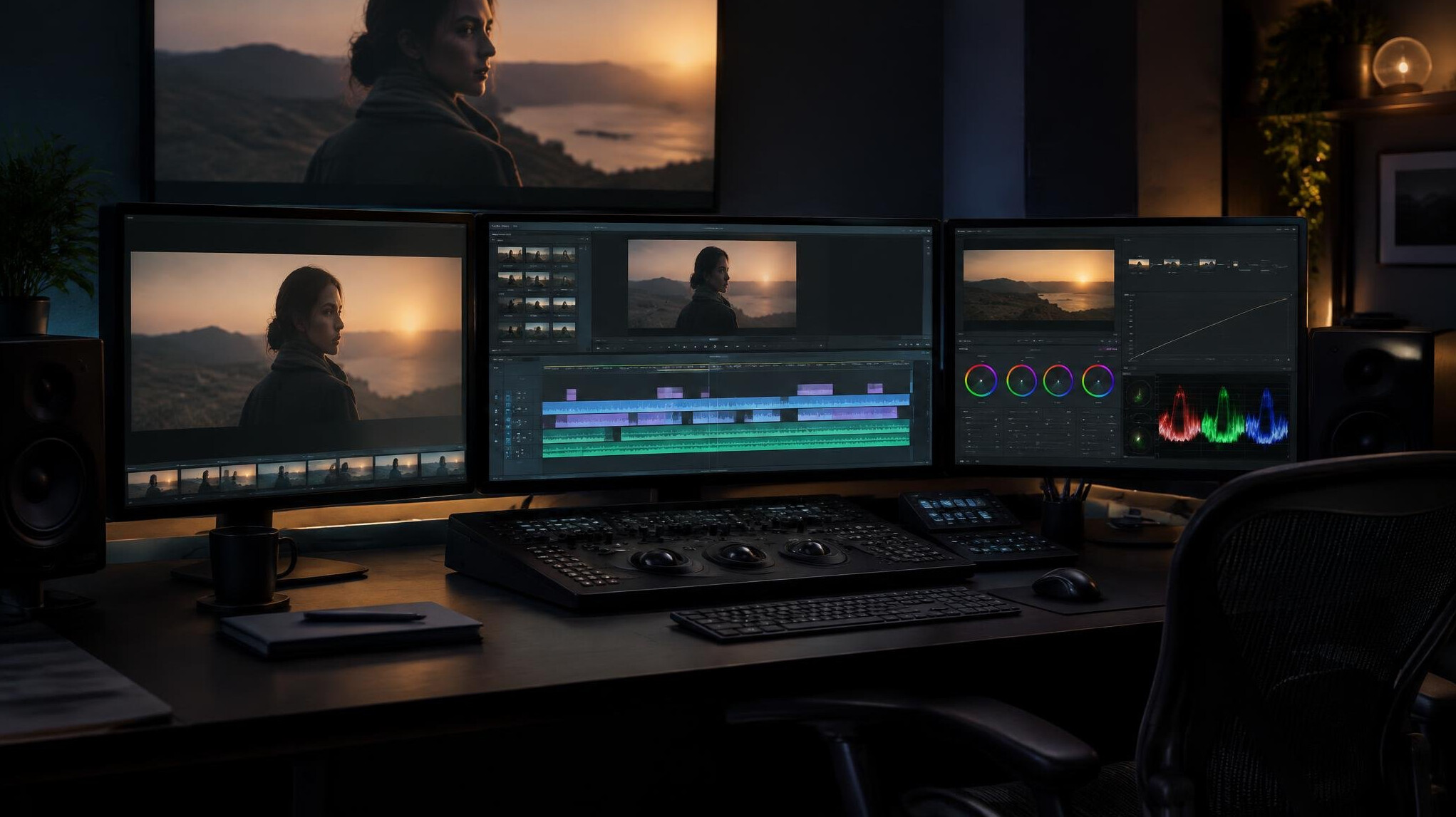 Video editing suite with multiple monitors showing footage