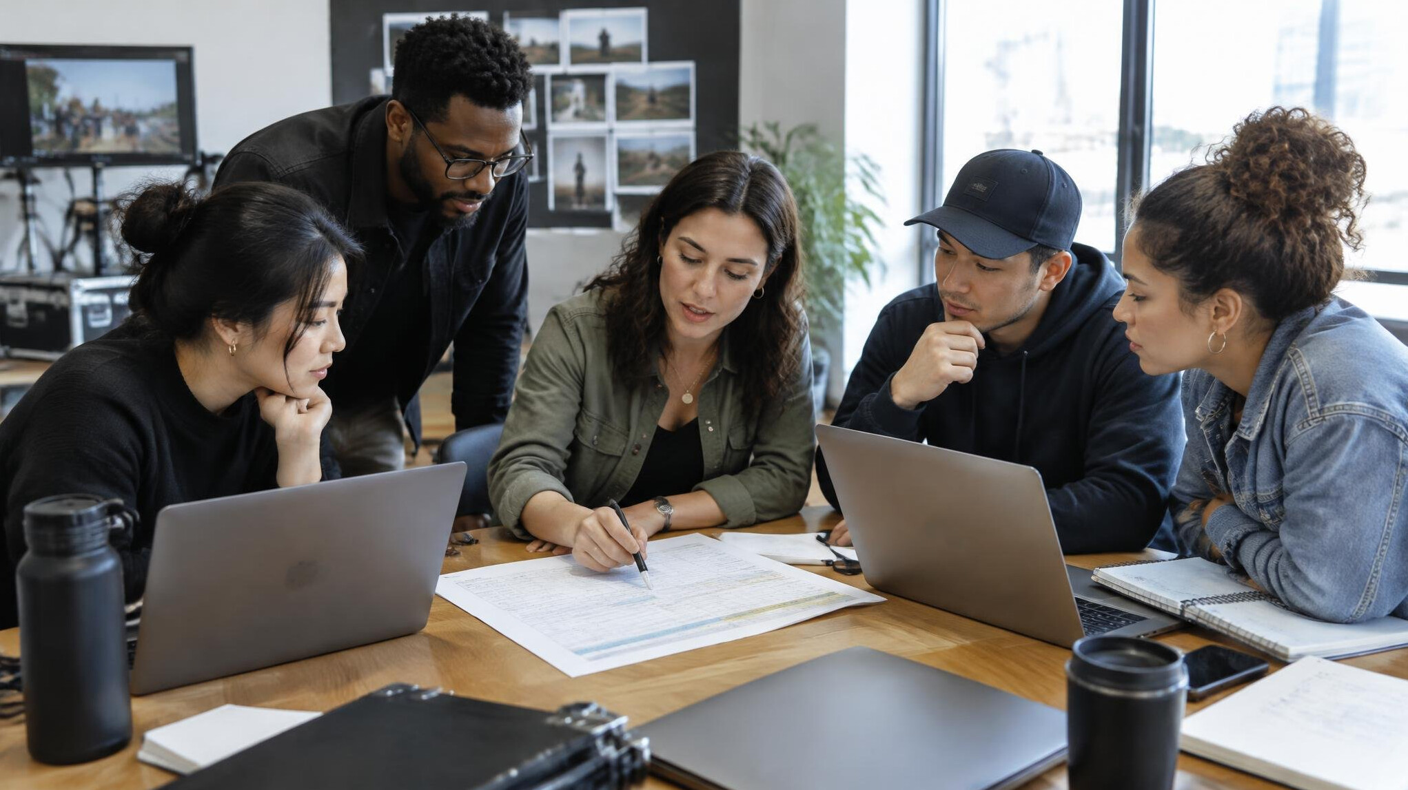 Production team gathered around a table reviewing a rundown