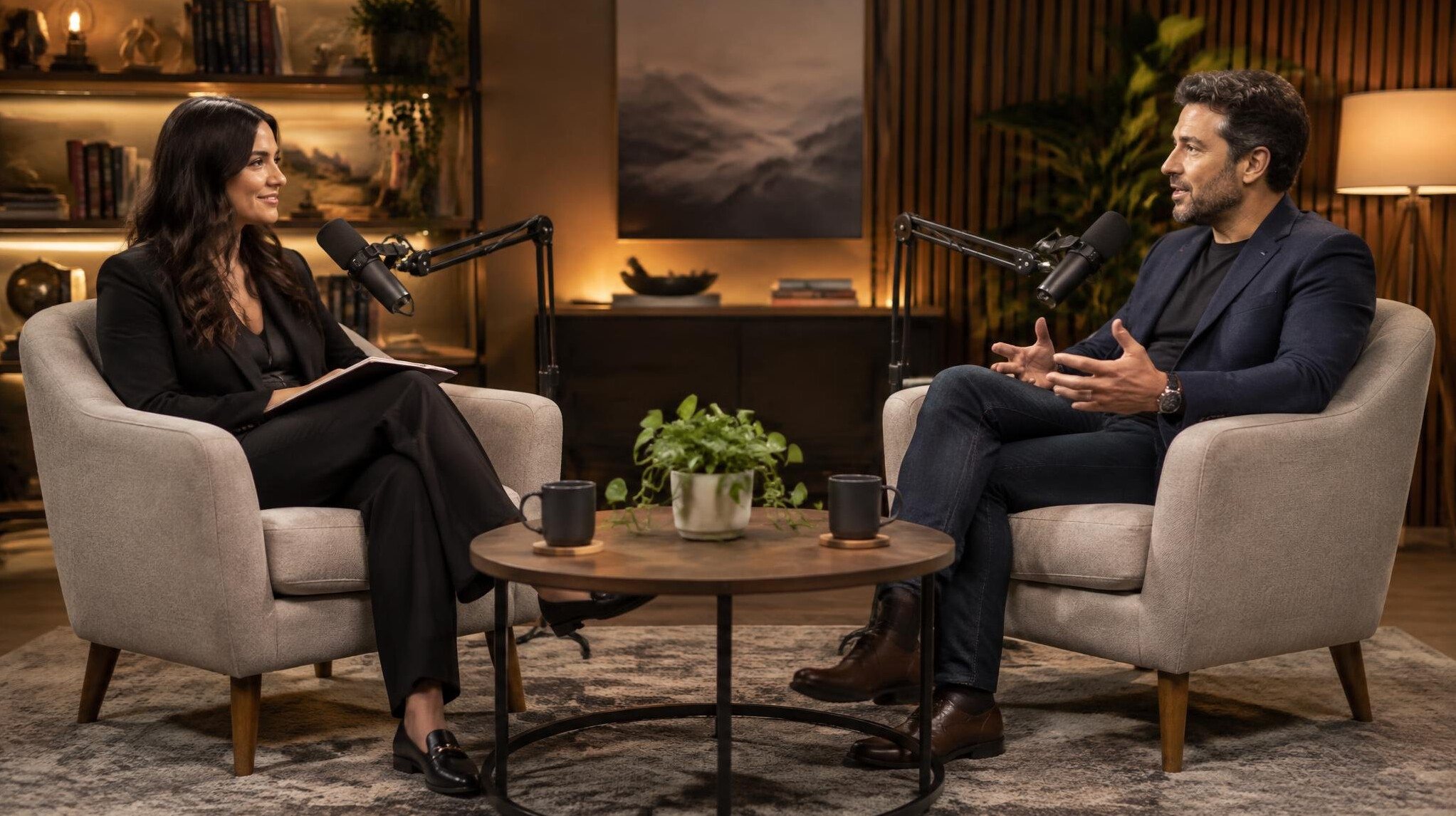 Two chairs arranged for a television interview under studio lighting
