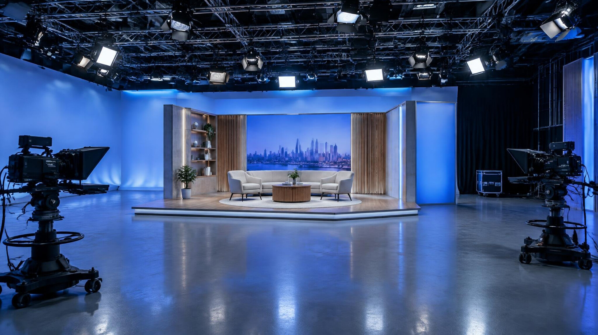 Wide view of an empty television studio with lighting grid