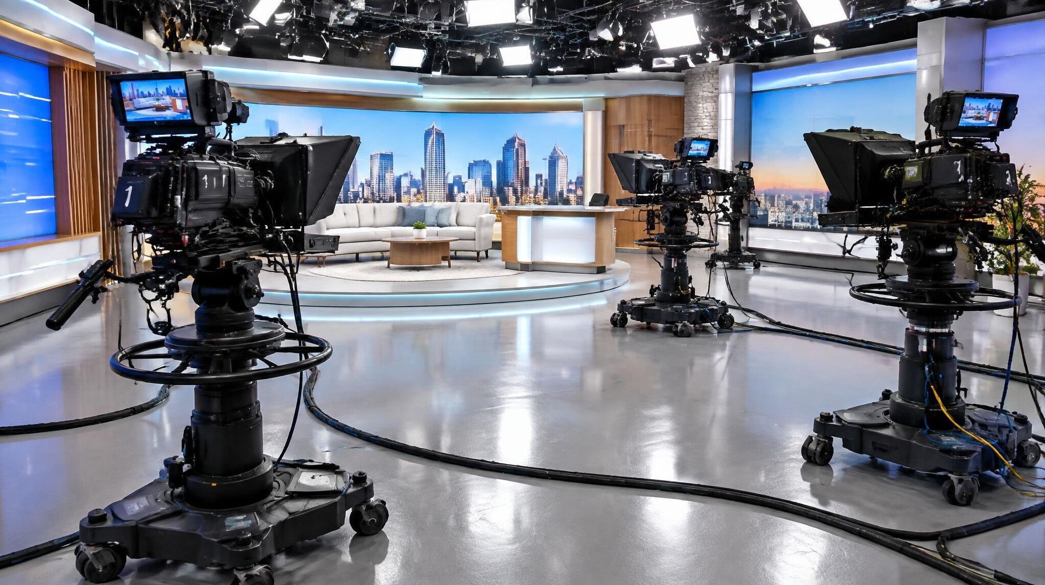 Multiple broadcast cameras positioned around a television studio