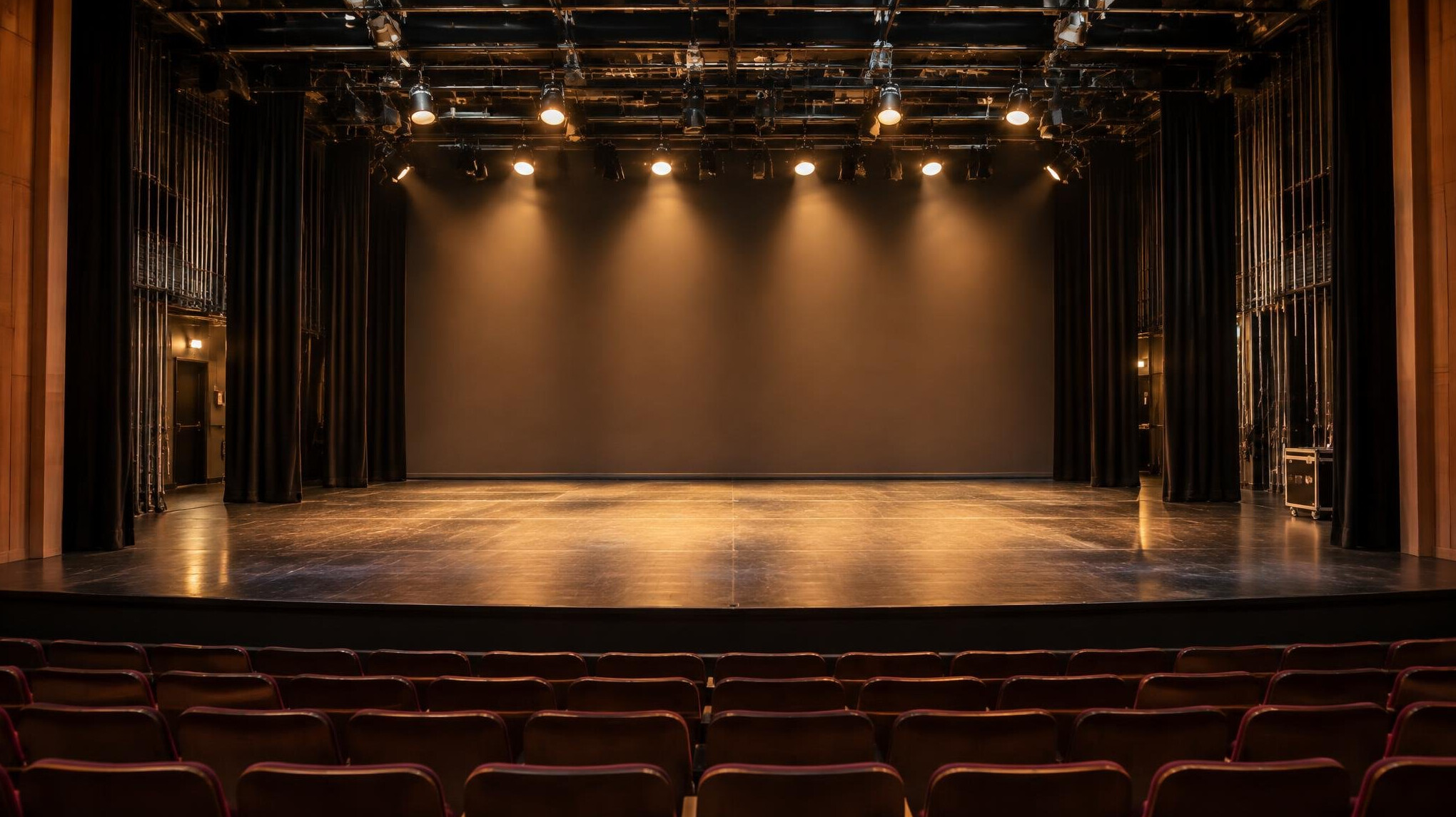 Empty theatre stage lit for a rehearsal