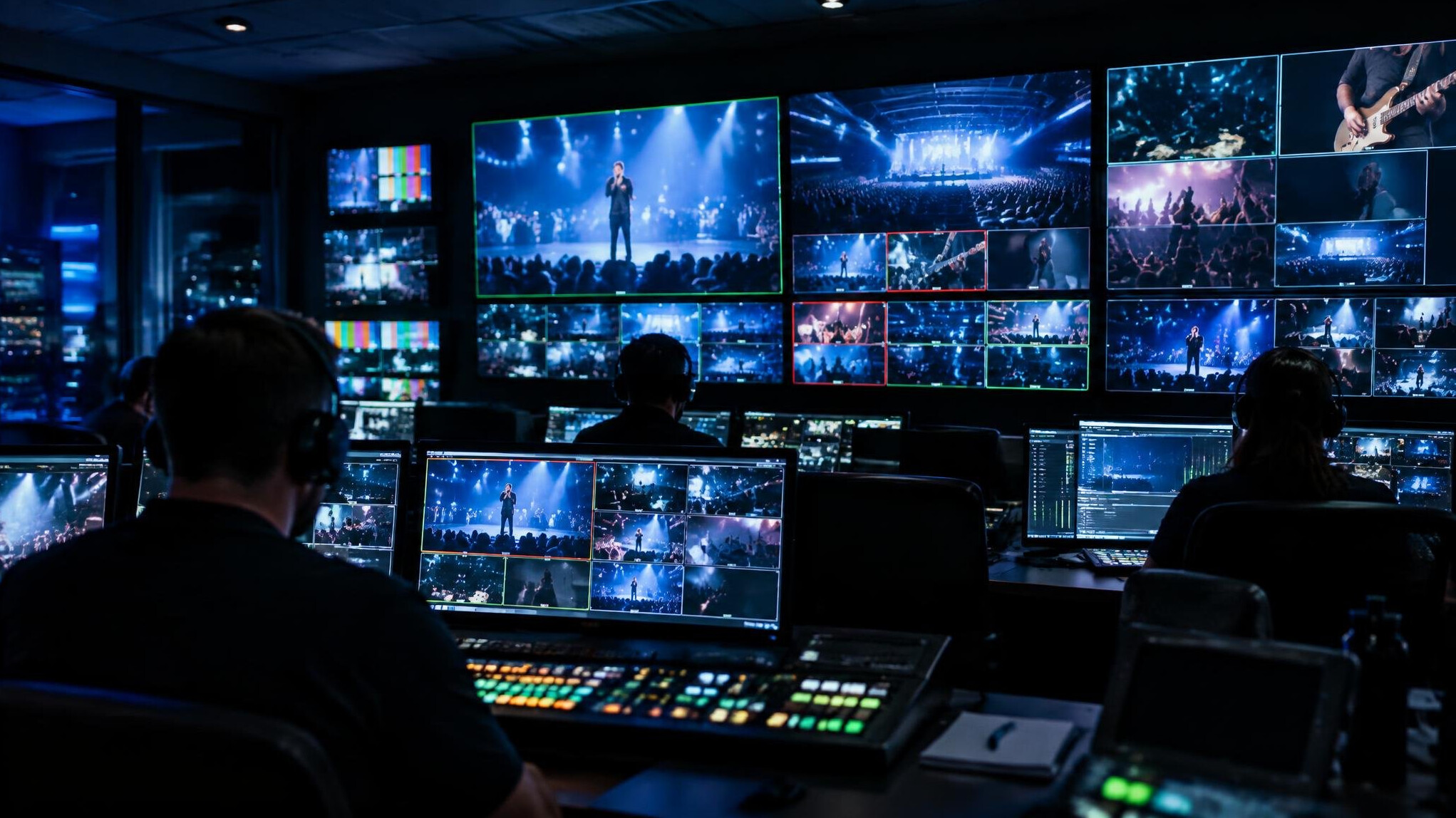 Broadcast control room with rows of video monitors