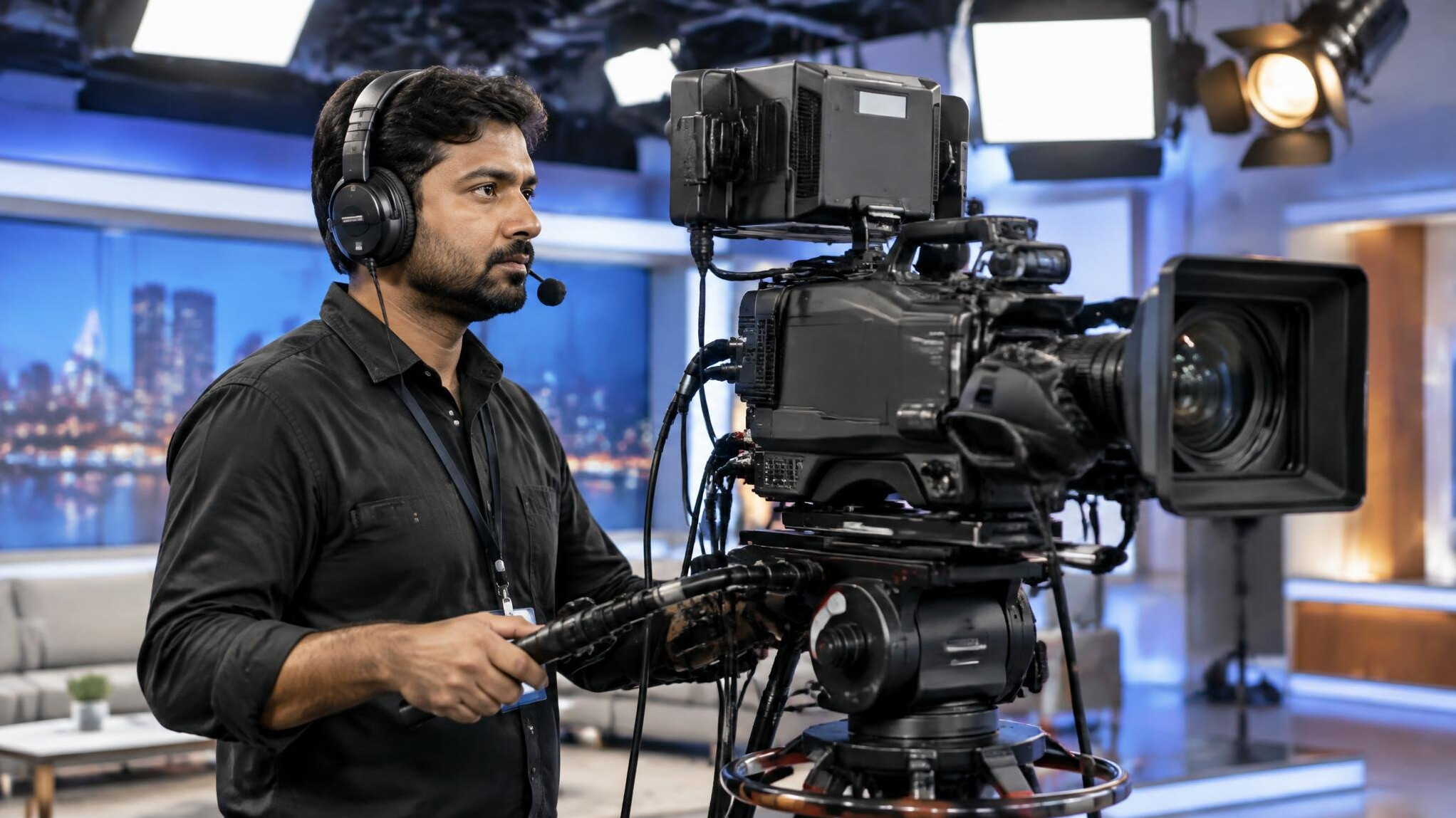 Camera operator filming on a television studio set