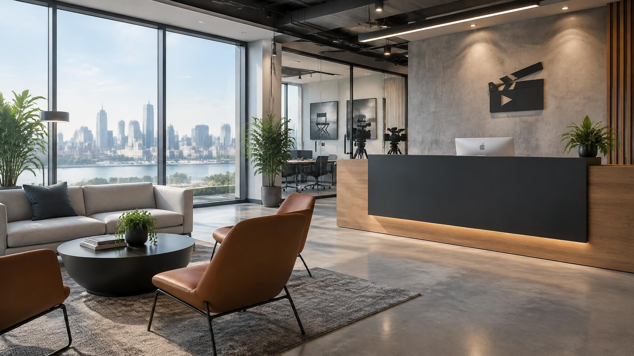 Modern office reception with large windows